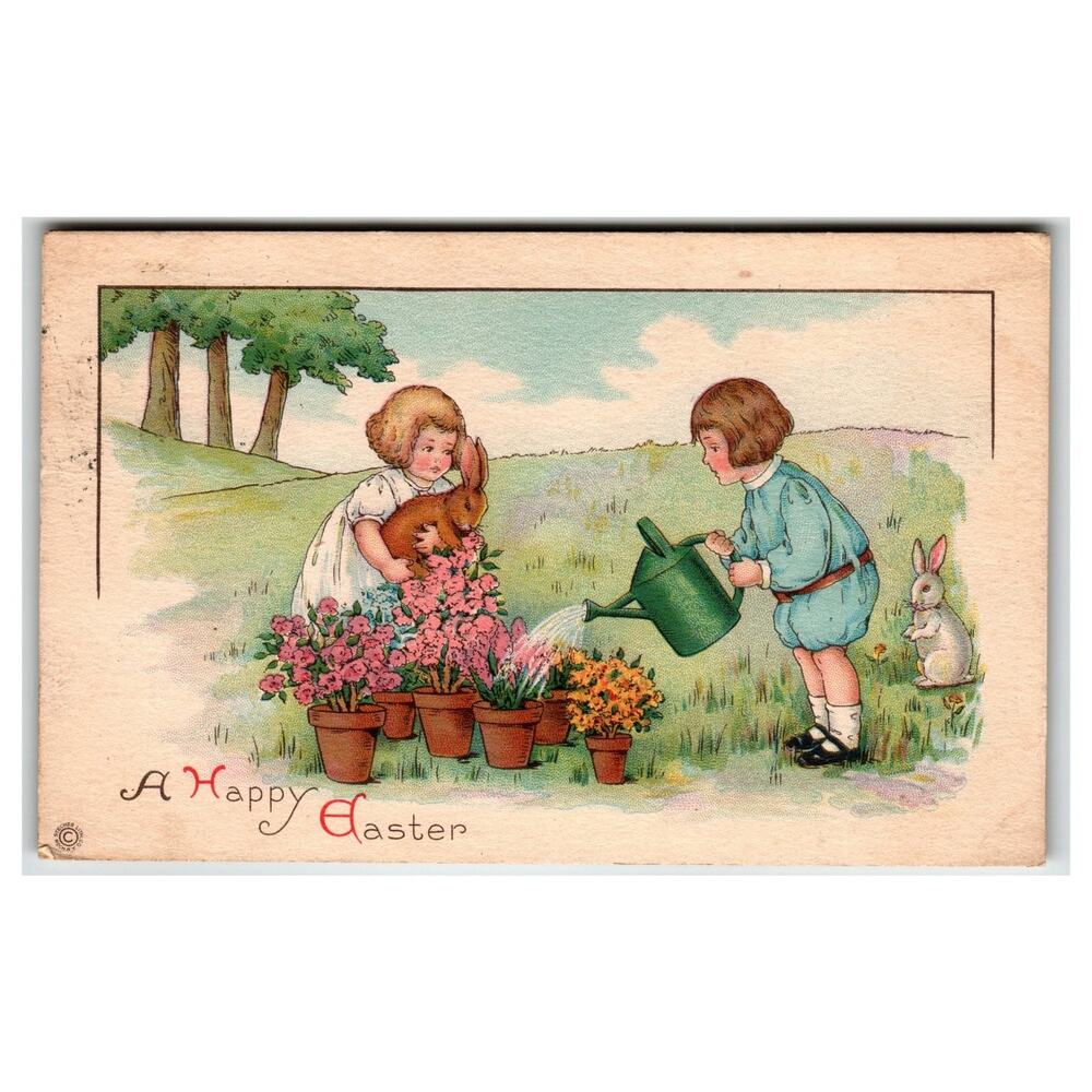 Vintage A Happy Easter Postcard 1923 Children Rabbits Flowers Gardening Posted